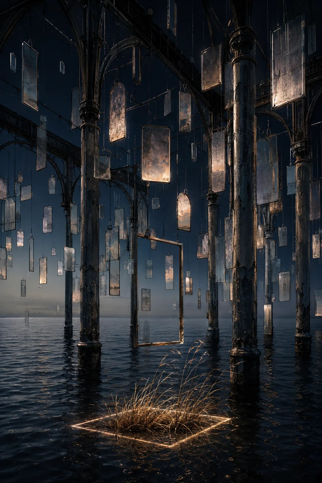 Create a contemplative, surreal fine-art image of a roofless conservatory standing in a dark, still sea. …