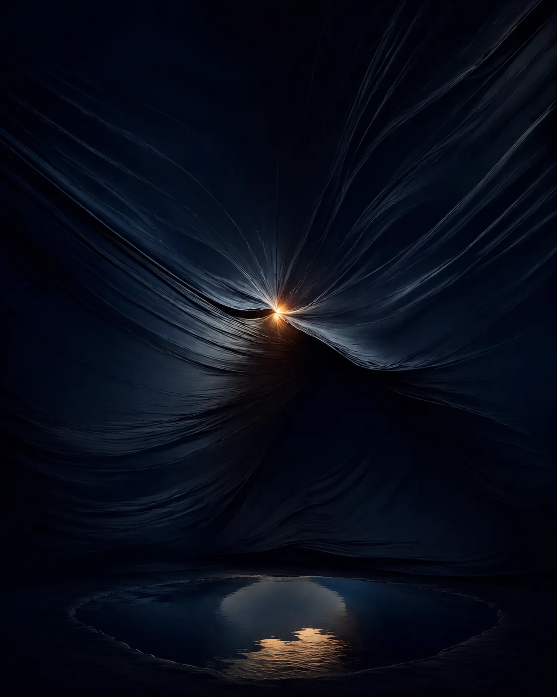 Create a nonliteral, quietly mysterious image: an immense sheet of midnight-blue silk suspended in a space …