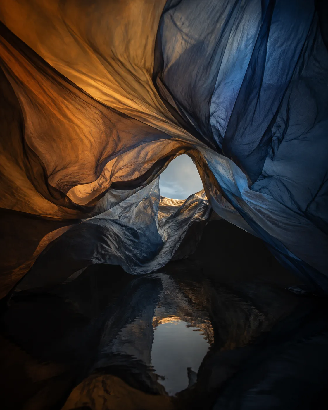 Create a contemplative, large-format fine-art photograph of a single sheet of translucent silk suspended above black …