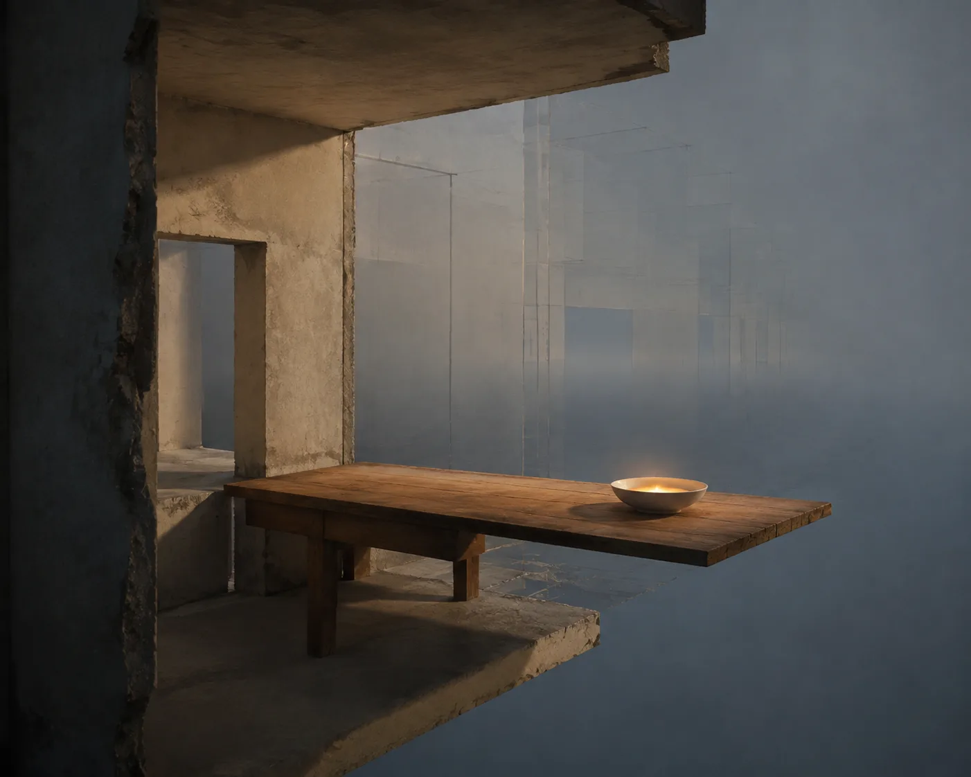 A museum-quality surreal photograph of an unfinished room with no exterior, suspended in blue-grey atmospheric depth. …