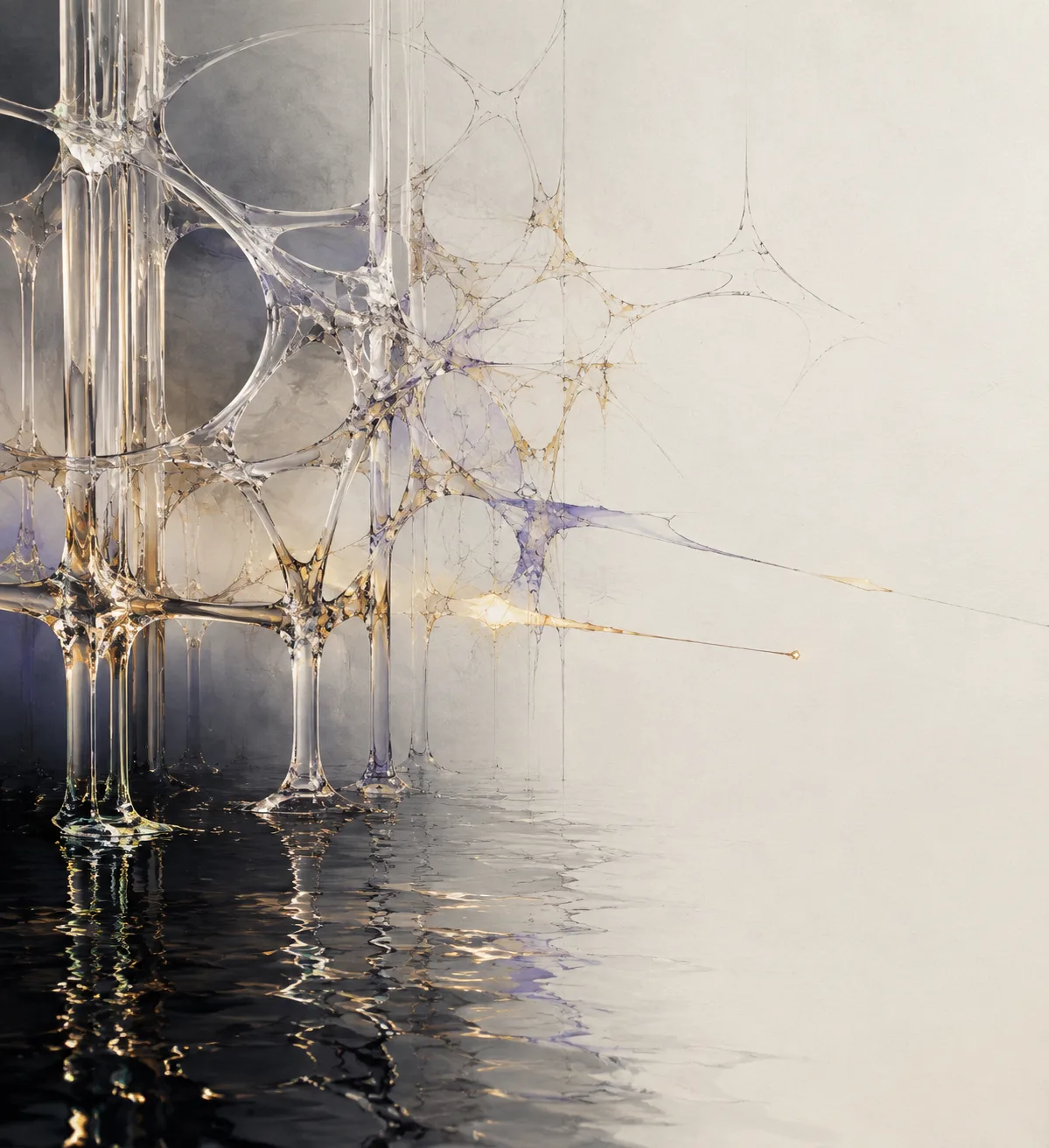 Create a luminous, nonfigurative fine-art image: a delicate lattice of translucent glass suspended above still, ink-dark …