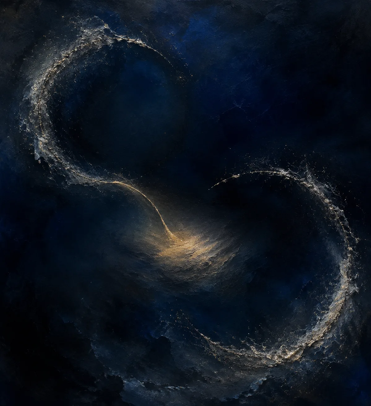 A luminous abstract painting: two unfinished circles suspended in deep ultramarine, their edges made of ash, …