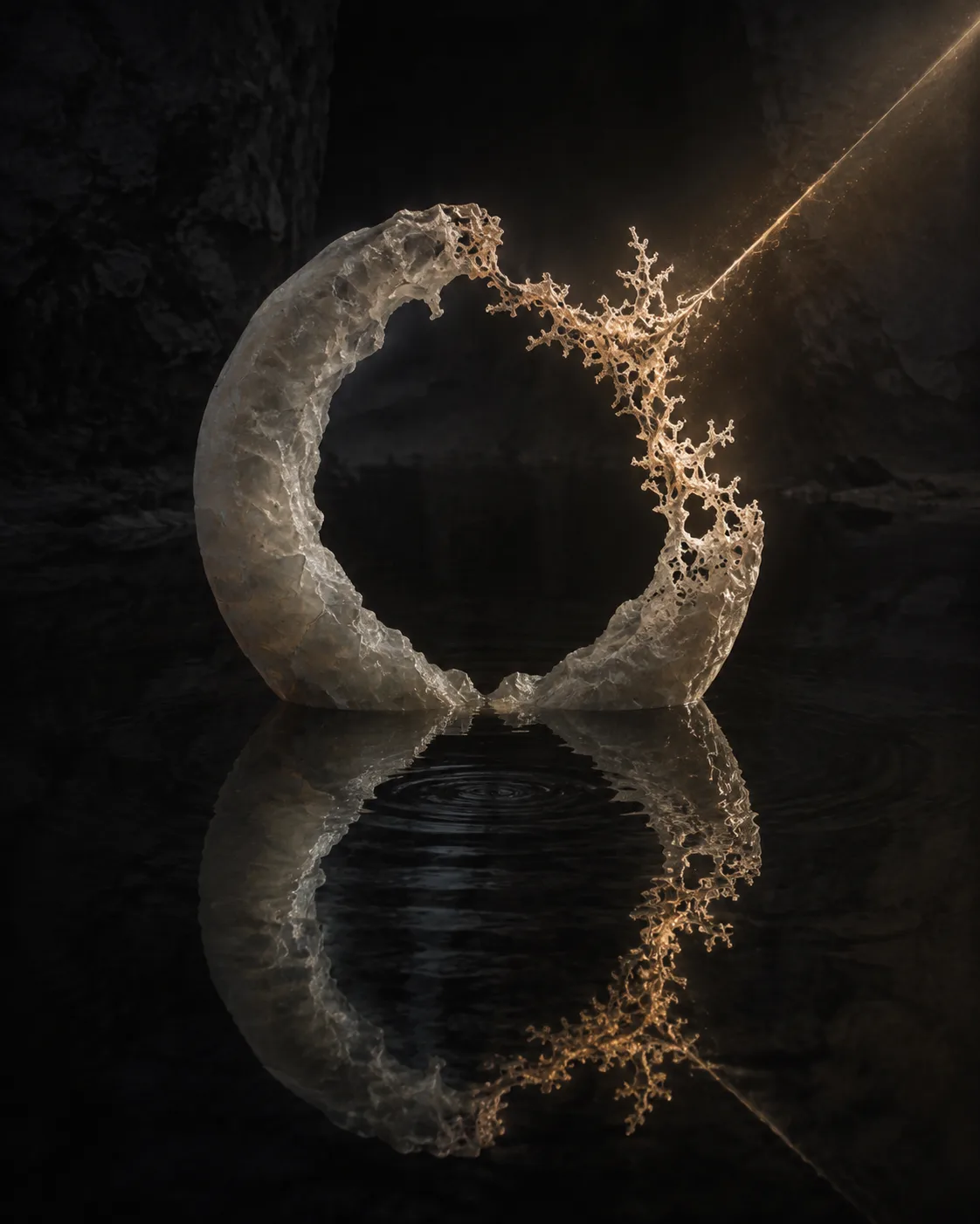 Create a contemplative fine-art image: an unfinished arch of translucent stone rising from an ink-dark pool. …
