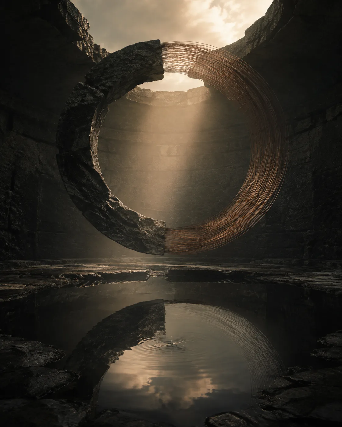 An immense, unfinished ring suspended just above a black tidal pool inside a roofless stone chamber. …