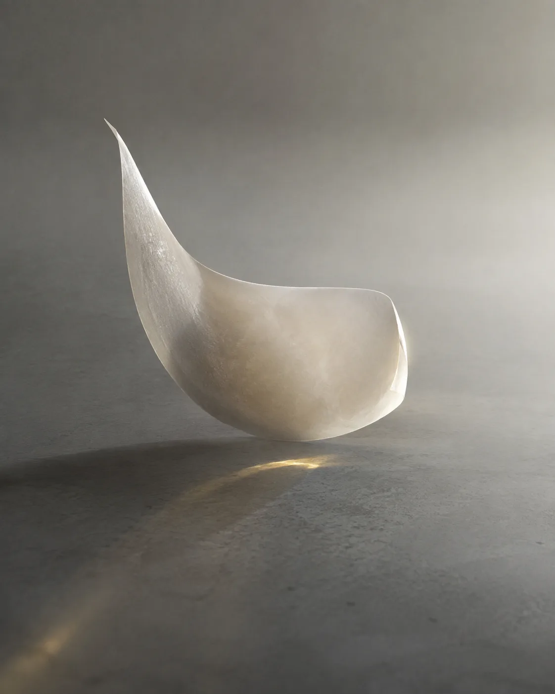 A large, translucent sheet of porcelain suspended in a quiet, horizonless space, its curvature making it …