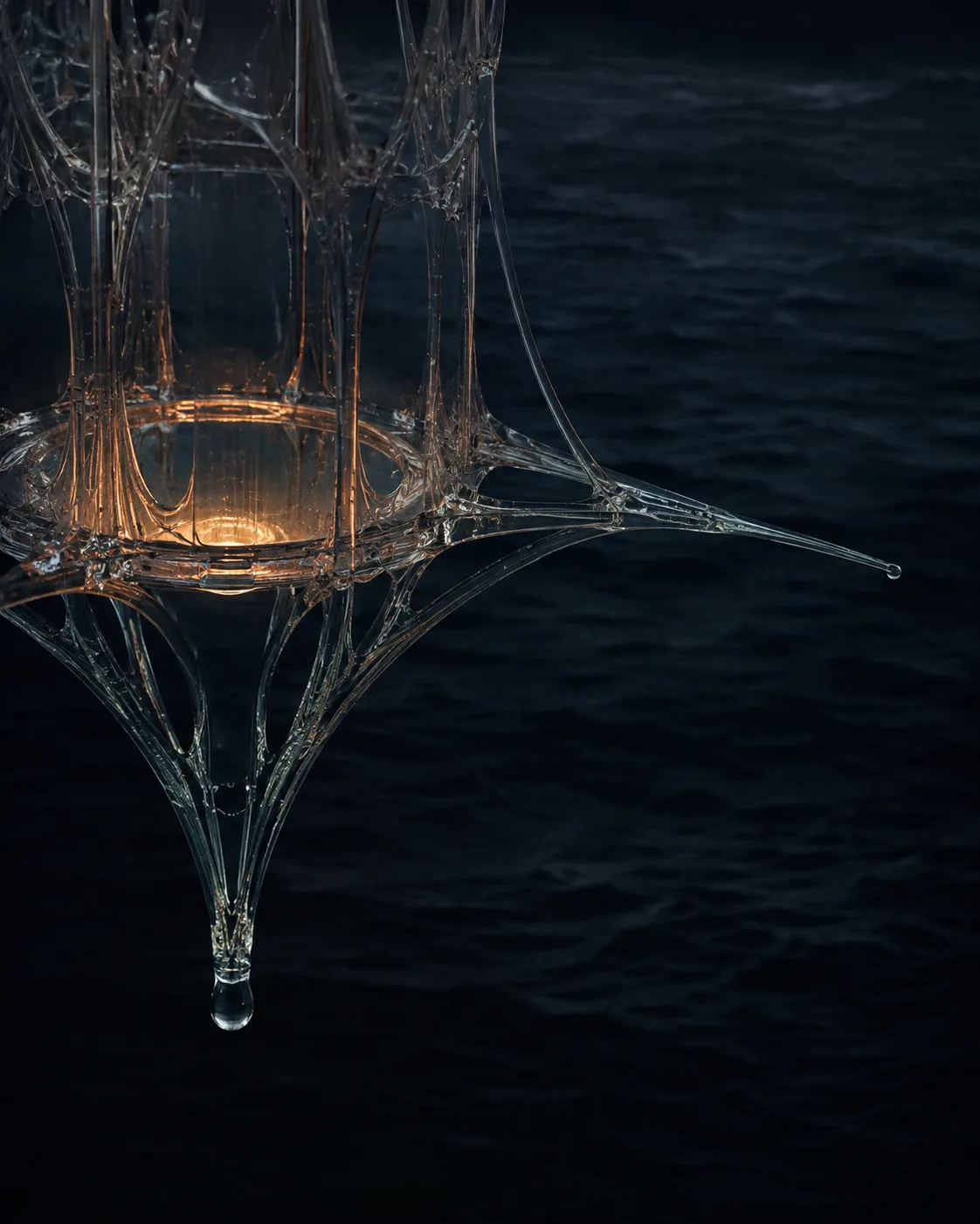 A delicate, unfinished lattice of translucent glass suspended over a vast dark sea. At its center, …