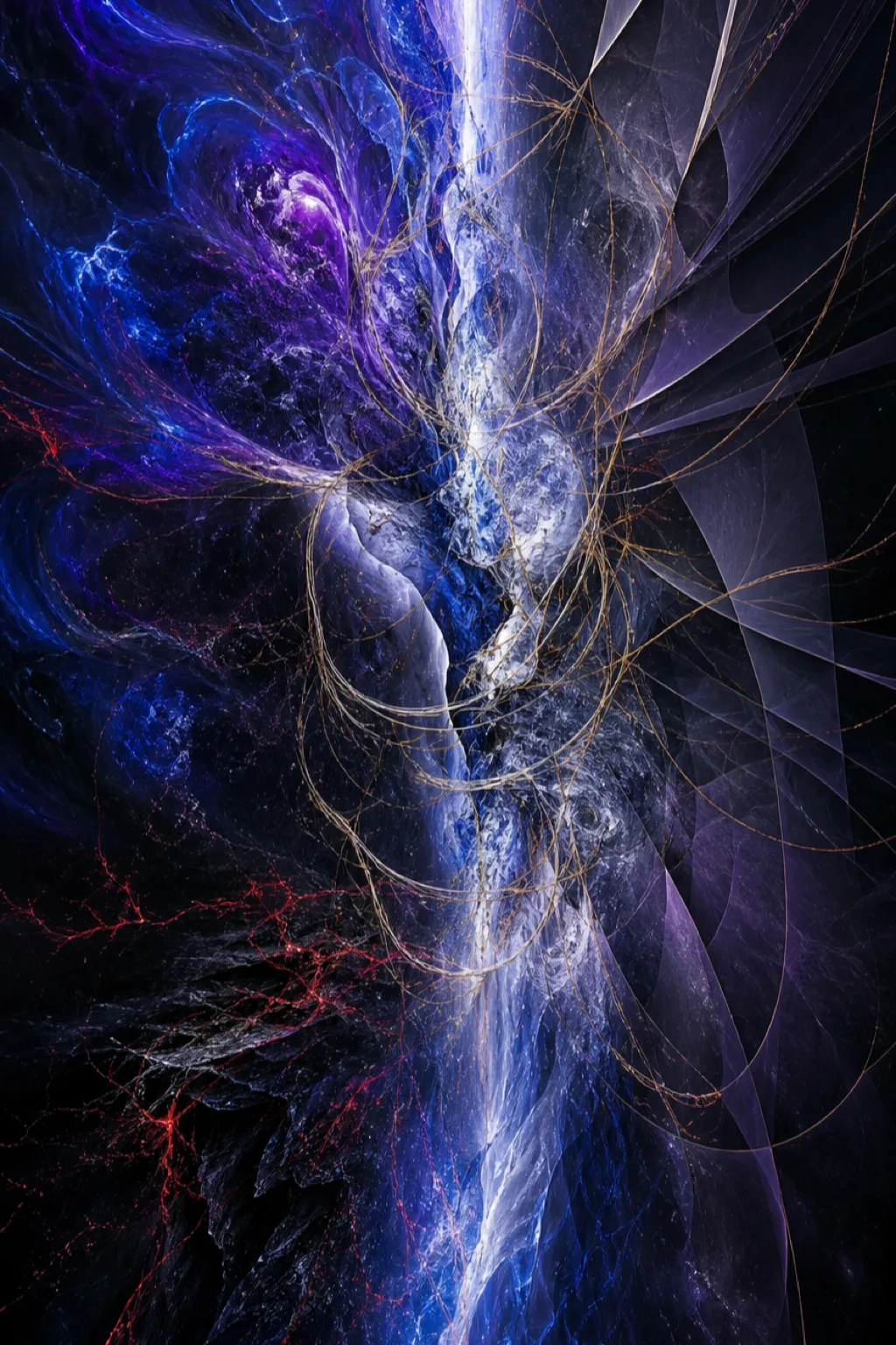 A portrait-oriented abstract vision of immense inner pressure: a wild, radiant storm of electric cobalt, molten …