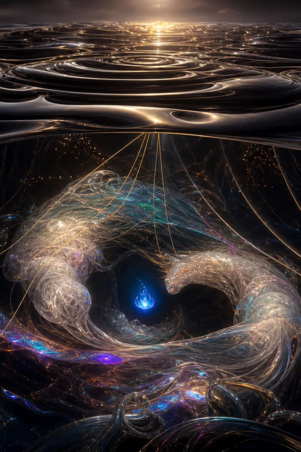 “An abstract emotional landscape: a vast dark ocean made of black glass, its surface pressed into …