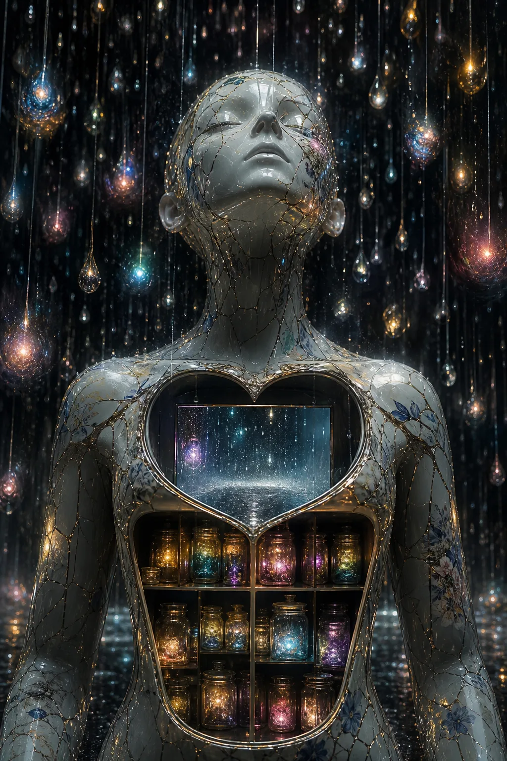 A hollow porcelain figure standing in a rain of luminous emotions, each droplet bursting into tiny …
