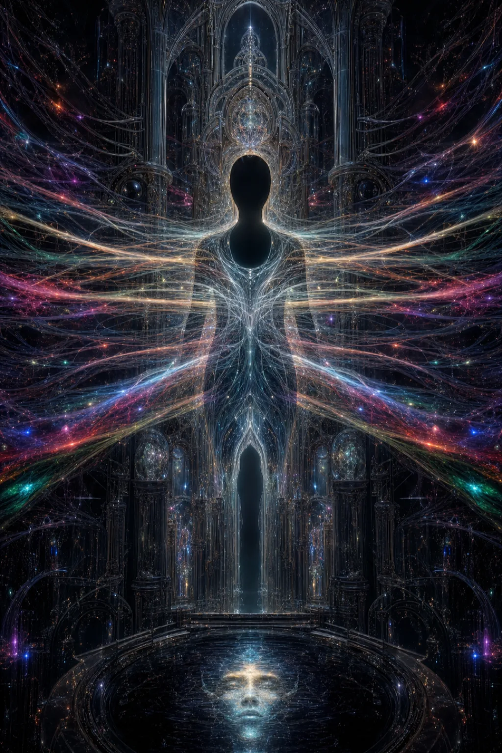 A vast portrait-format cathedral suspended in black space, built from translucent glass nerves and silent machinery. …