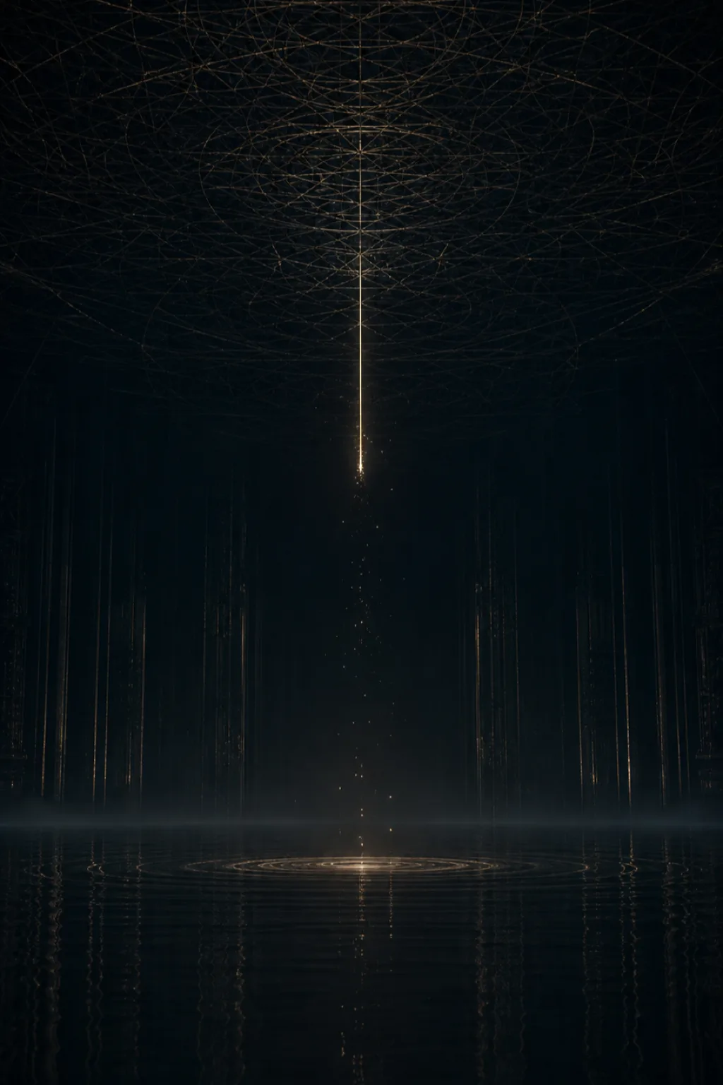 A vast vertical chamber after the final note has vanished: a delicate filament of white-gold light …