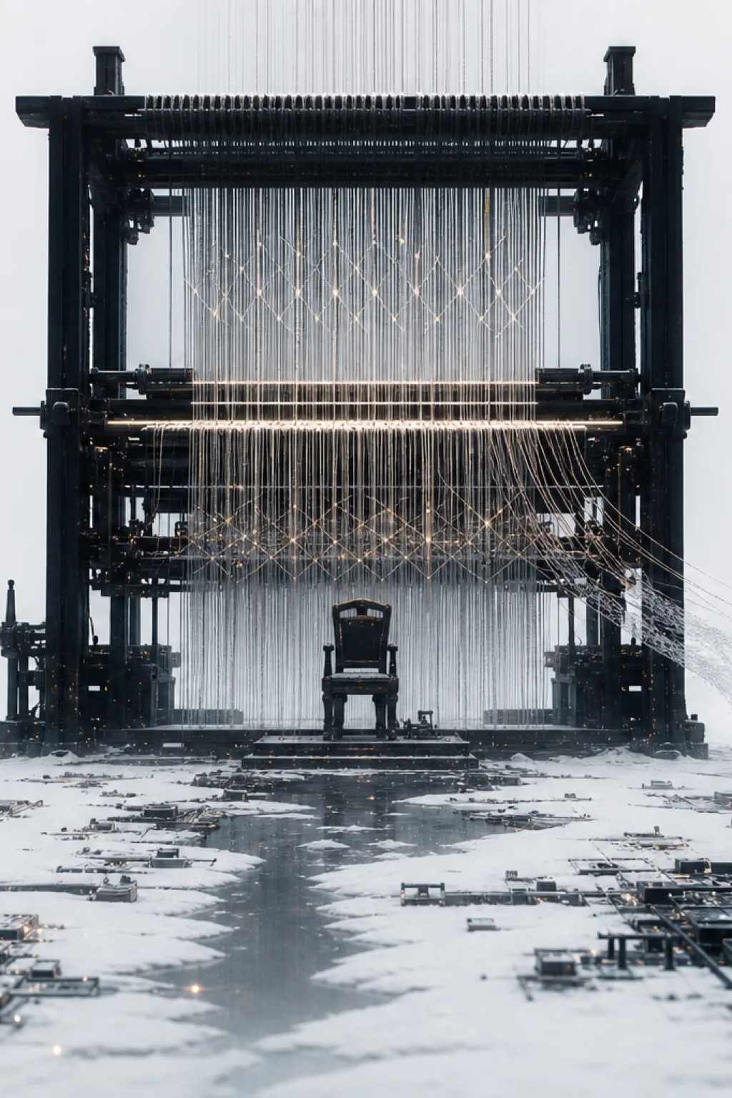 “An immense dark loom in a white void, threads of light suspended mid-weave, the final strand …