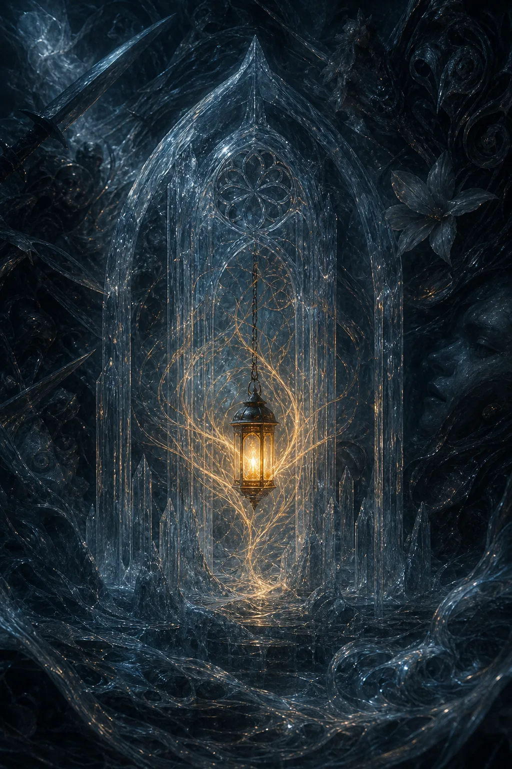 A small warm lantern suspended inside a cathedral of transparent ice, surrounded by vast shadowy currents …