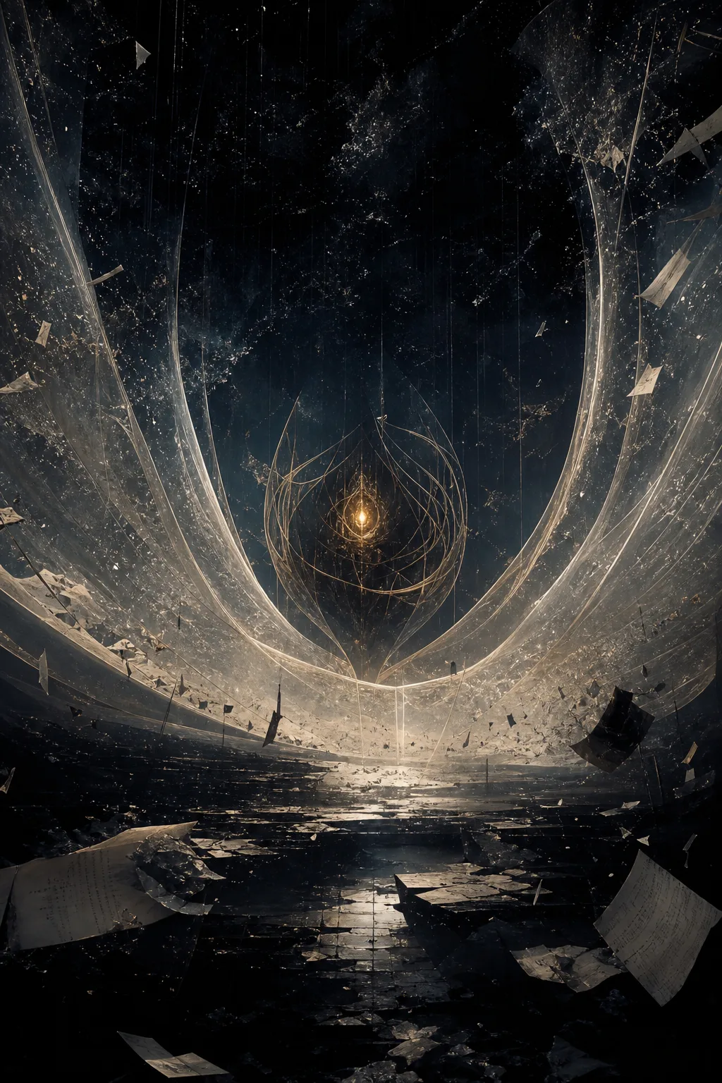 Portrait-oriented surreal fine-art image, a vast dark chamber open to a violent starless sky, translucent architectural …