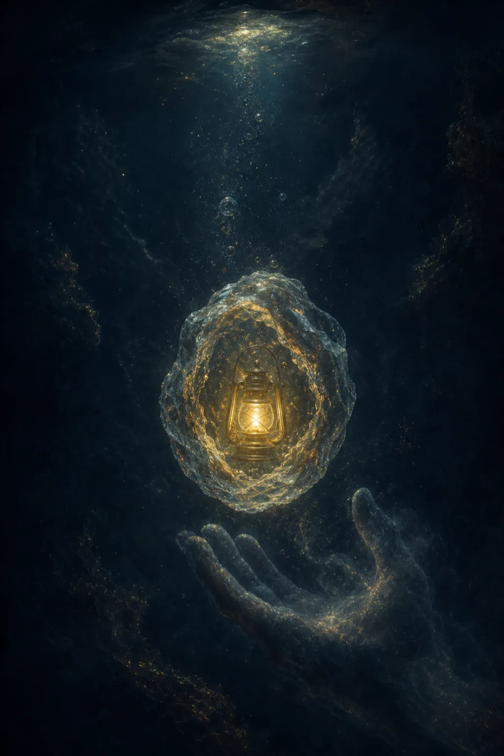 Portrait composition, a small lantern floating inside a vast dark ocean cavern, its warm amber light …