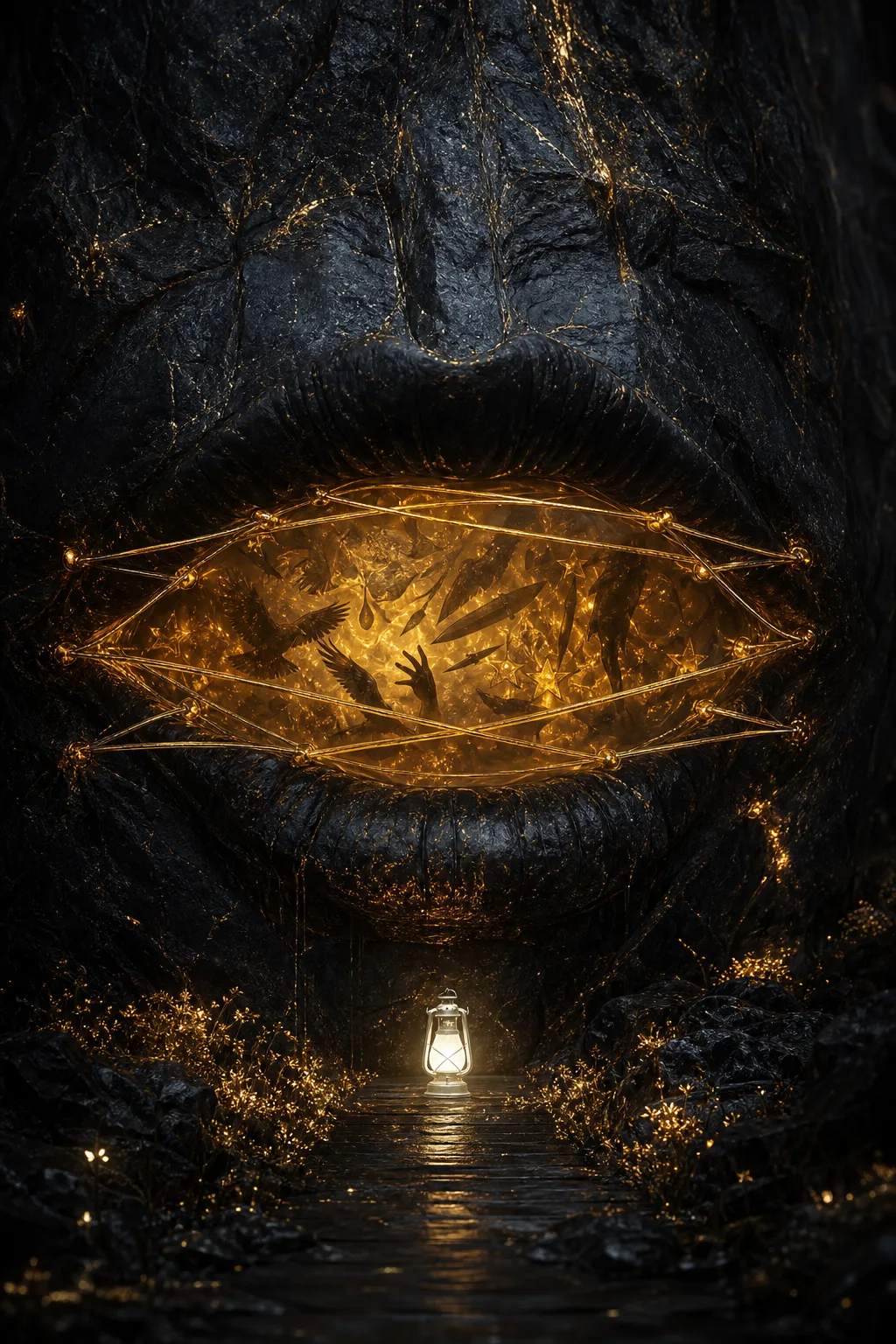 “An enormous luminous mouth carved into a cliff of black marble, its lips gently sealed by …