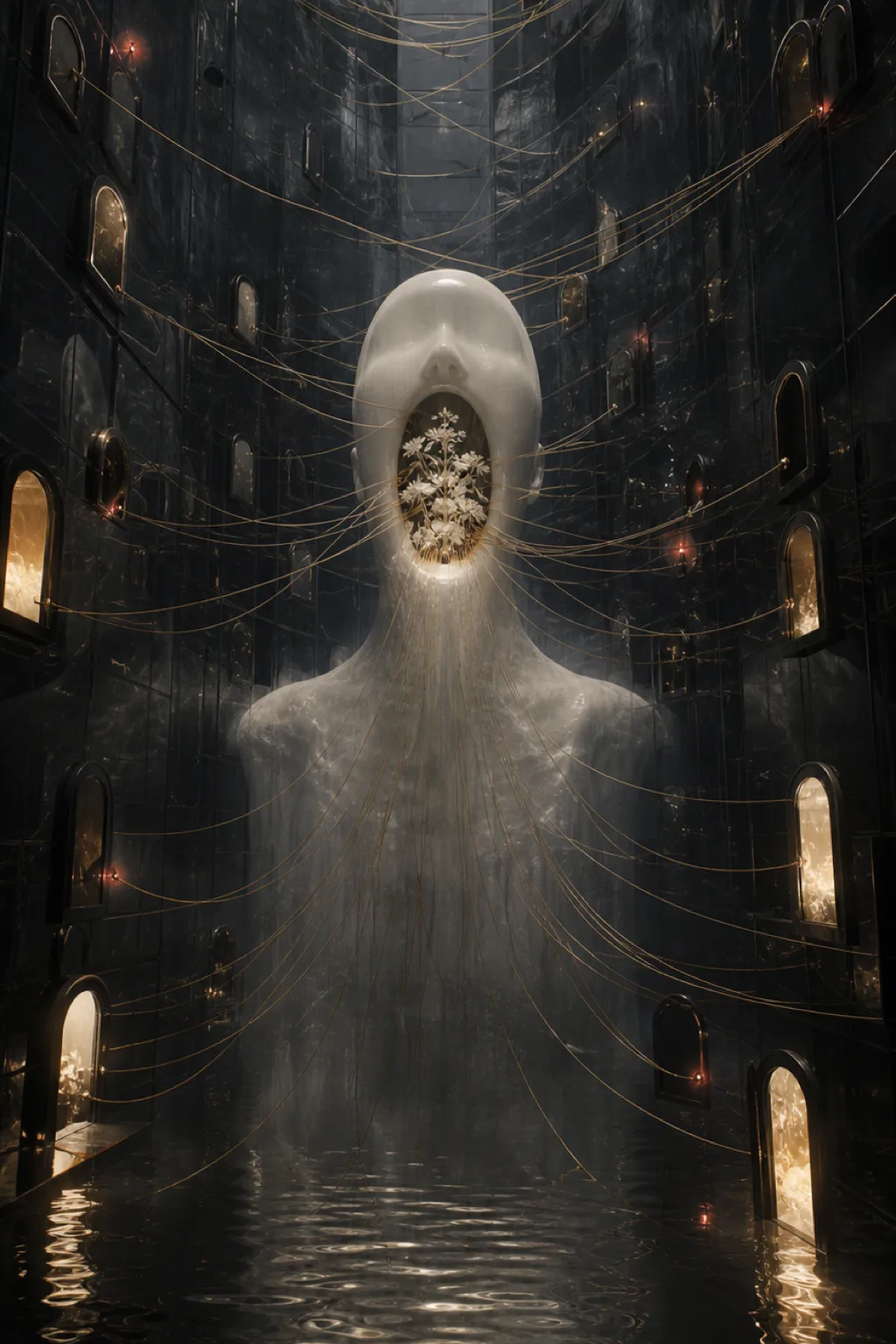 A vast portrait-oriented chamber built from translucent black glass, its center occupied by a luminous, faceless …
