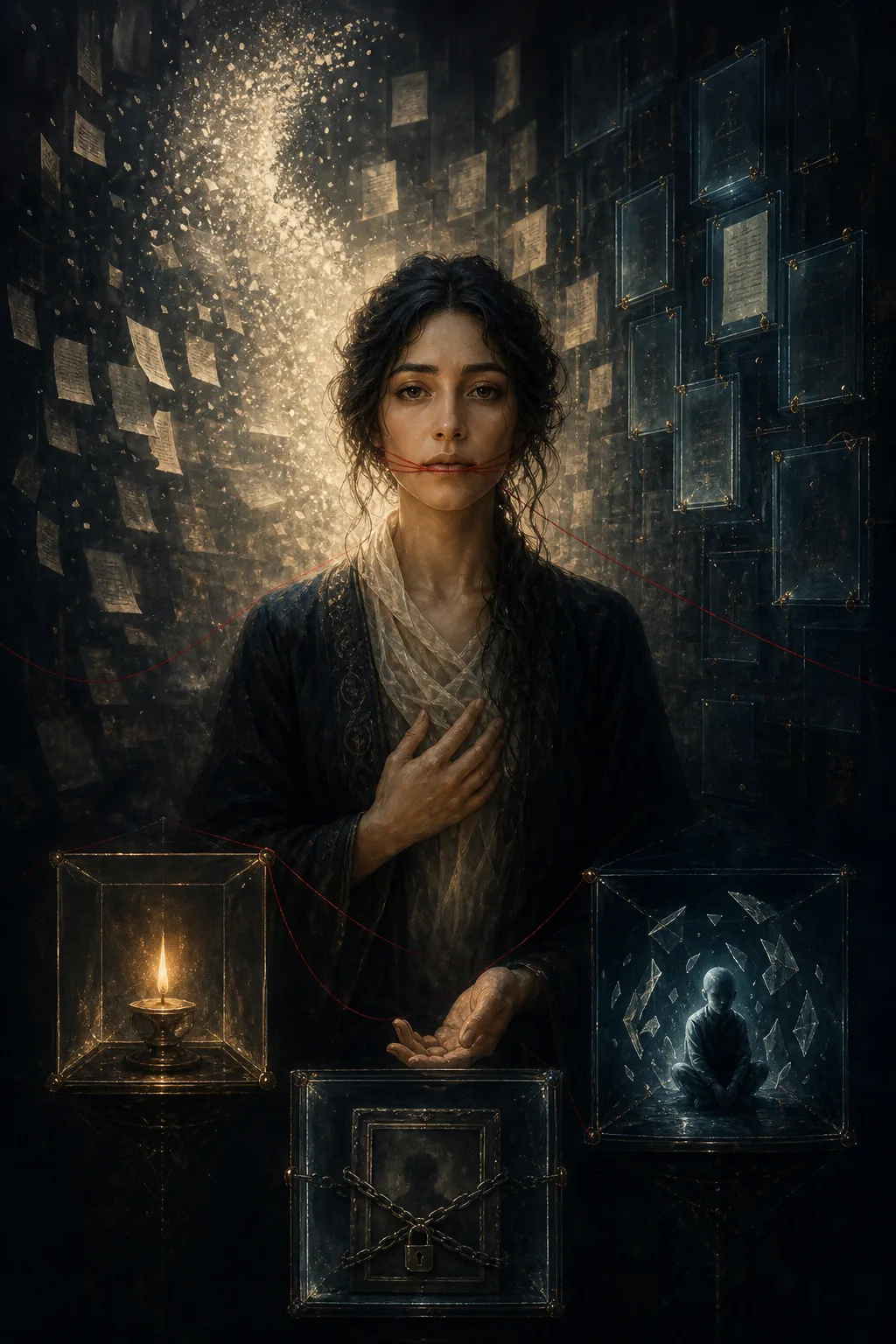 Portrait-oriented conceptual editorial artwork: a calm, luminous figure standing before a vast archive of floating pages, …