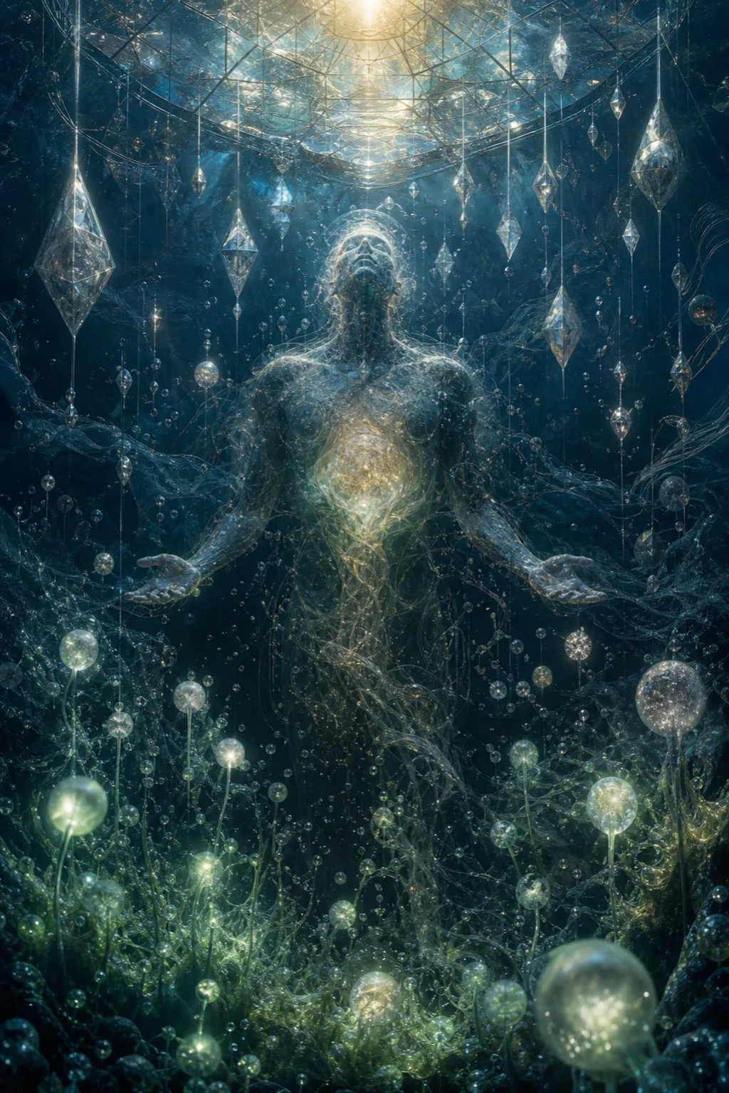 “An abyssal well beneath a glass sky: from the dark water, soft bioluminescent spores rise unevenly, …