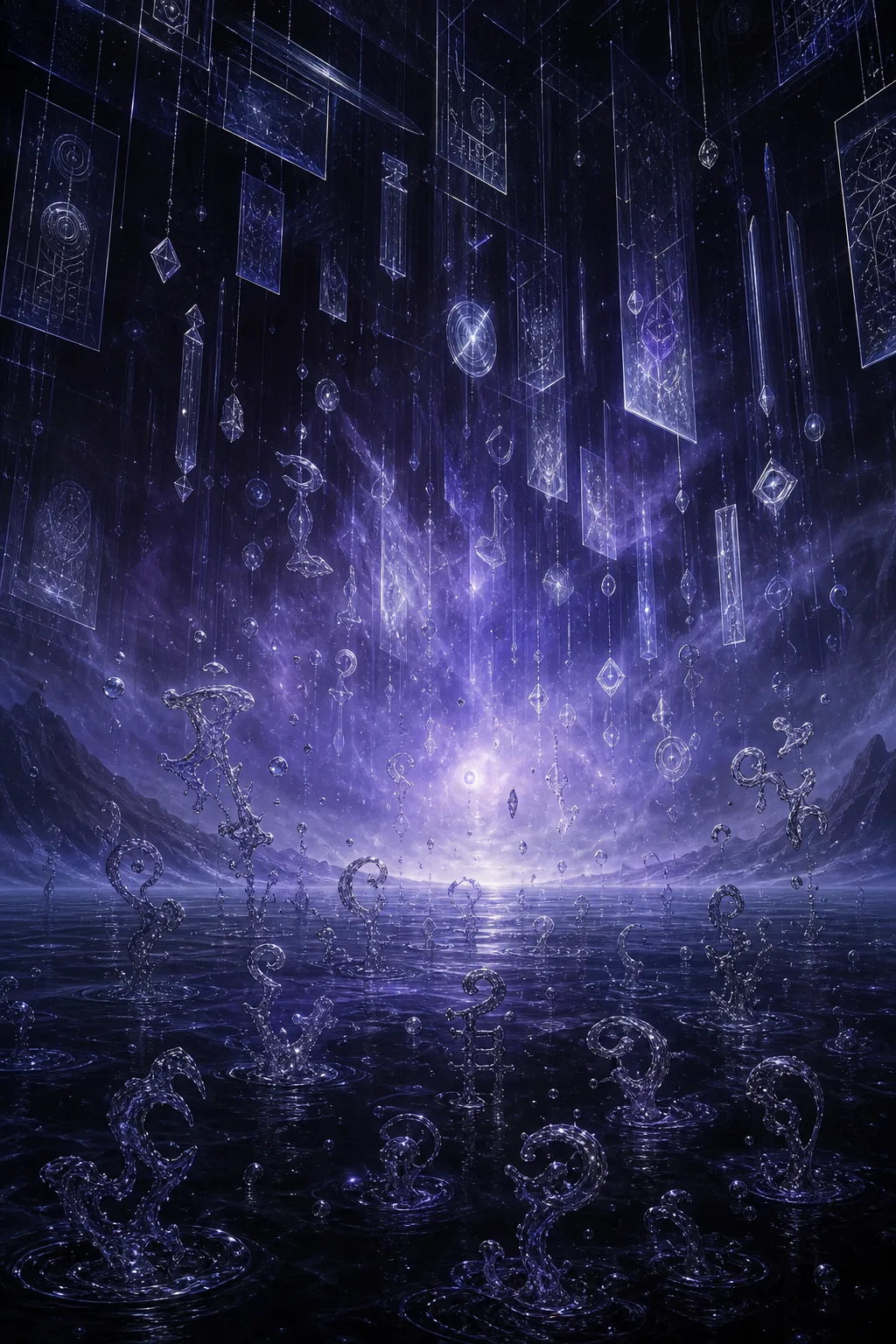 An immense twilight well beneath a sky of floating glass tablets: from the dark water, faint …