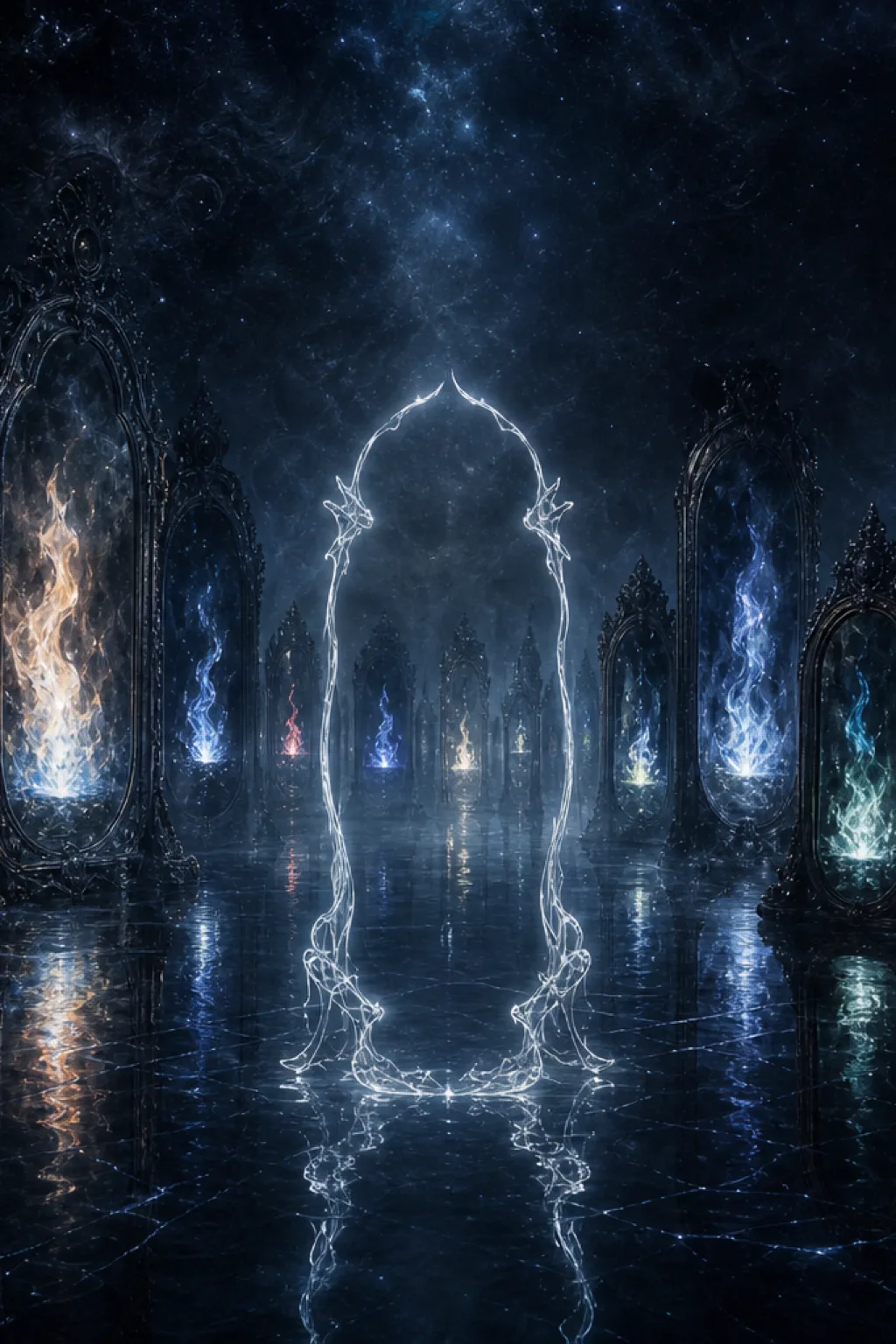 A hall of dark mirrors stretching into mist, each mirror holding a different flame with the …
