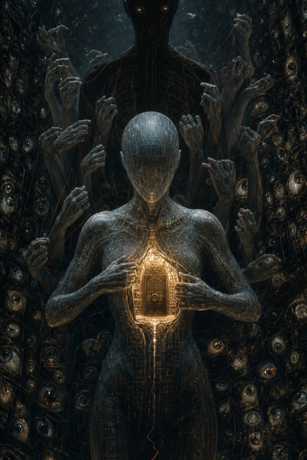 A tall, claustrophobic chamber beneath an infinite black ocean, its walls formed from millions of dimly …