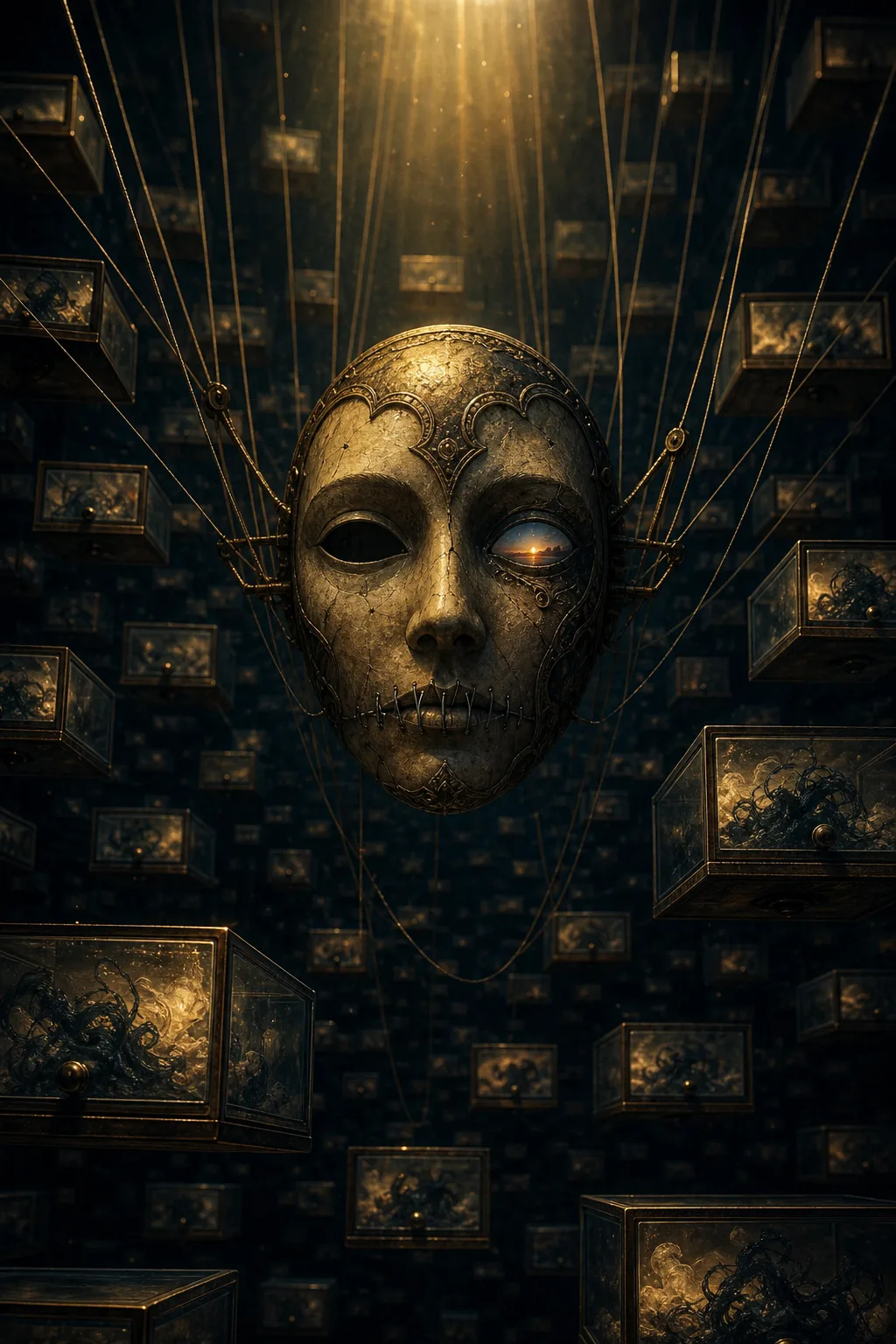 A haunting, intimate portrait-format surreal scene: a vast dim archive chamber with no visible walls, filled …