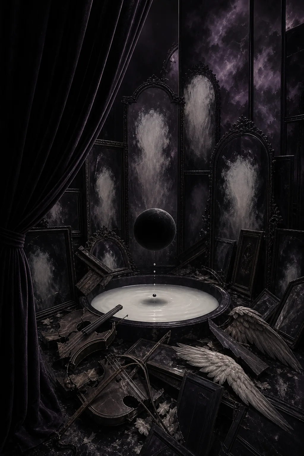 A dark velvet curtain pulled halfway open onto a room made of mirrors, but every reflection …