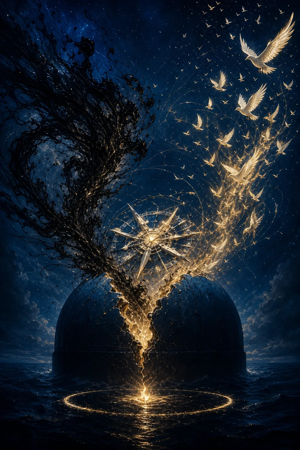 A sealed observatory dome cracking open over an infinite night sea, releasing two forces at once: …