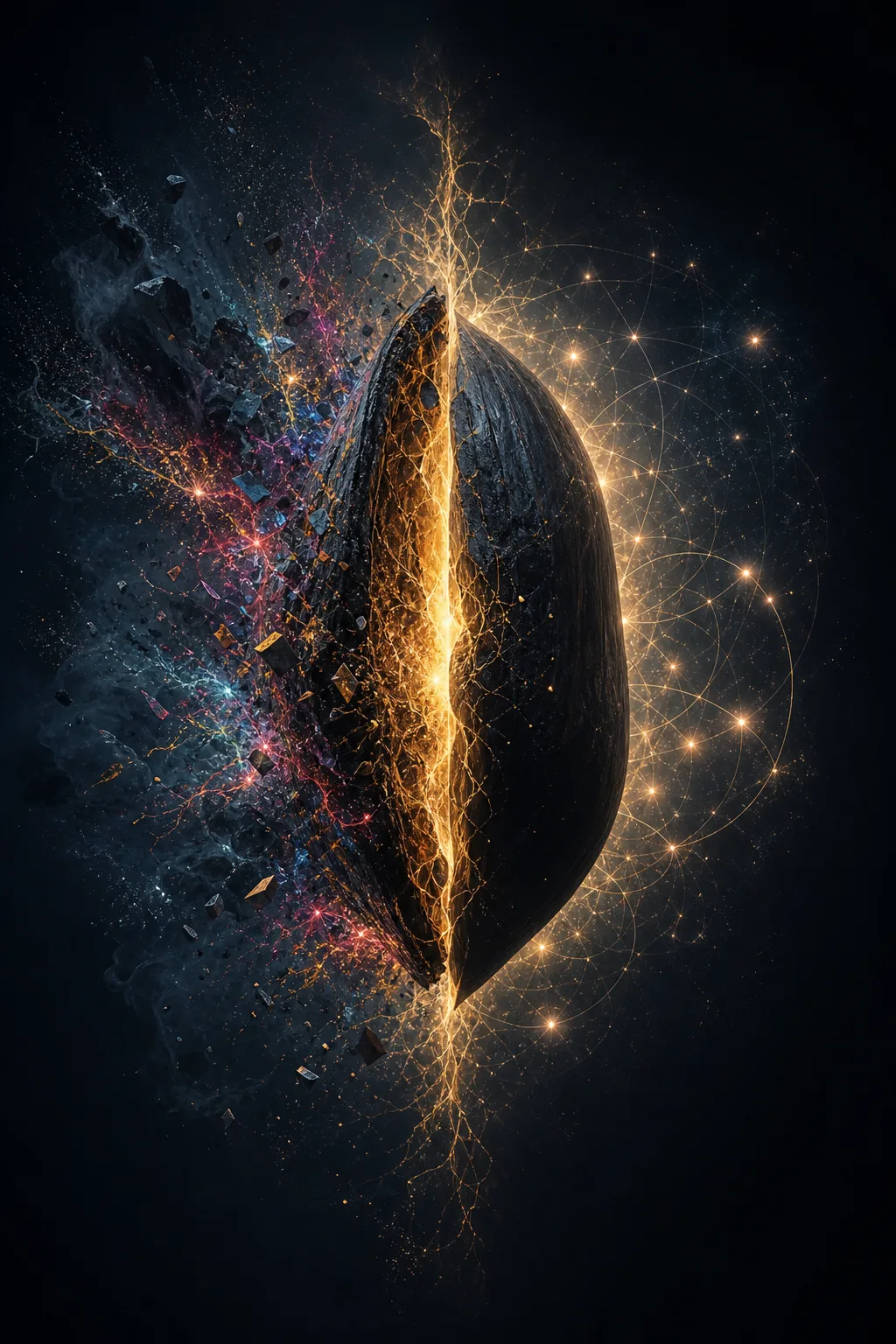 Portrait-oriented, high-quality cinematic surrealism: an immense black seed suspended in a silent void, split open from …