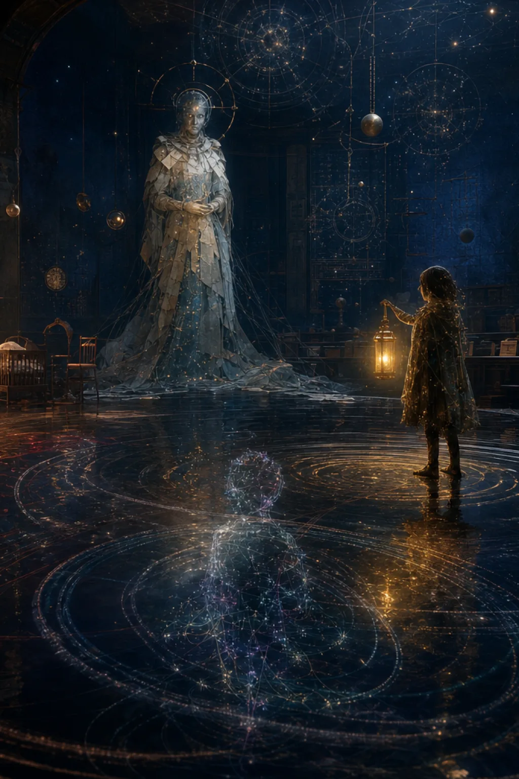 A vast interior room like a dim observatory crossed with a courtroom and a nursery, suspended …
