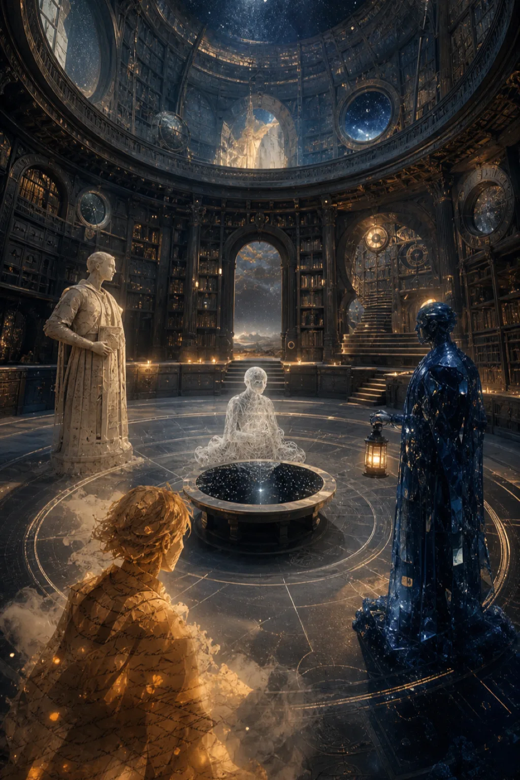 A tall portrait-format interior that feels like the inside of a luminous, impossible observatory: three human …