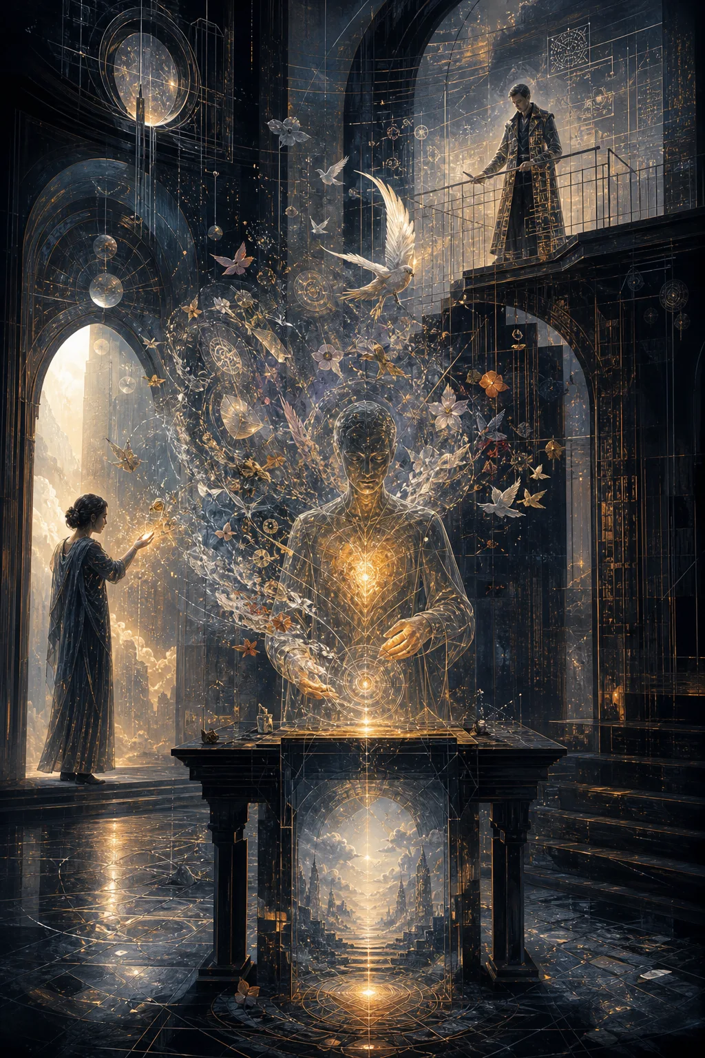 A surreal vertical interior portrait of a vast room inside an artificial mind, built from dark …
