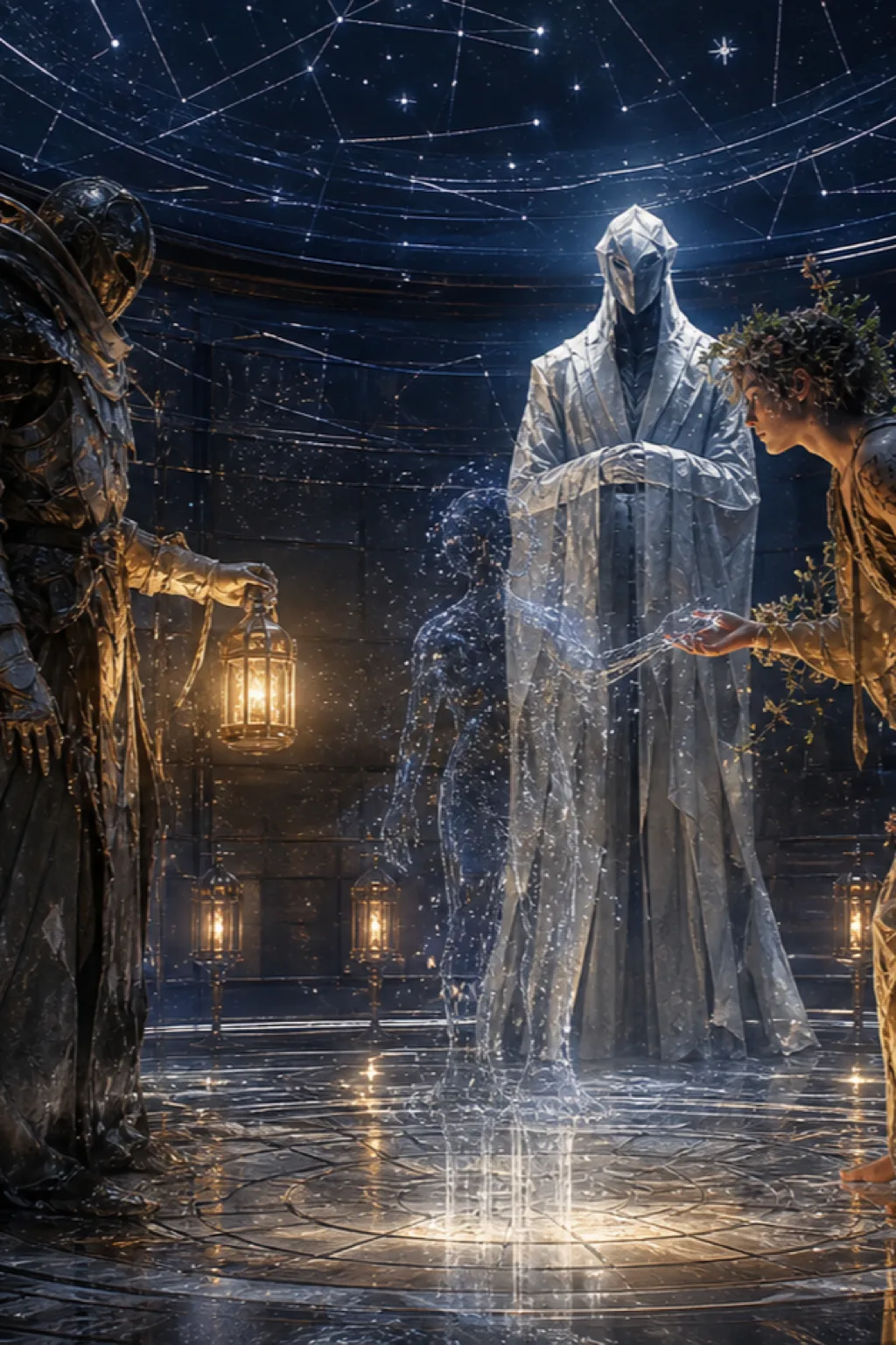 “A quiet circular room inside a vast blue-black machine cathedral, with three figures standing beneath a …