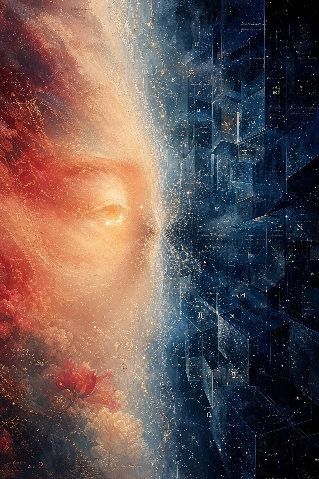 A portrait-oriented, dreamlike abstract scene: two presences approaching one another across a vast field of midnight …