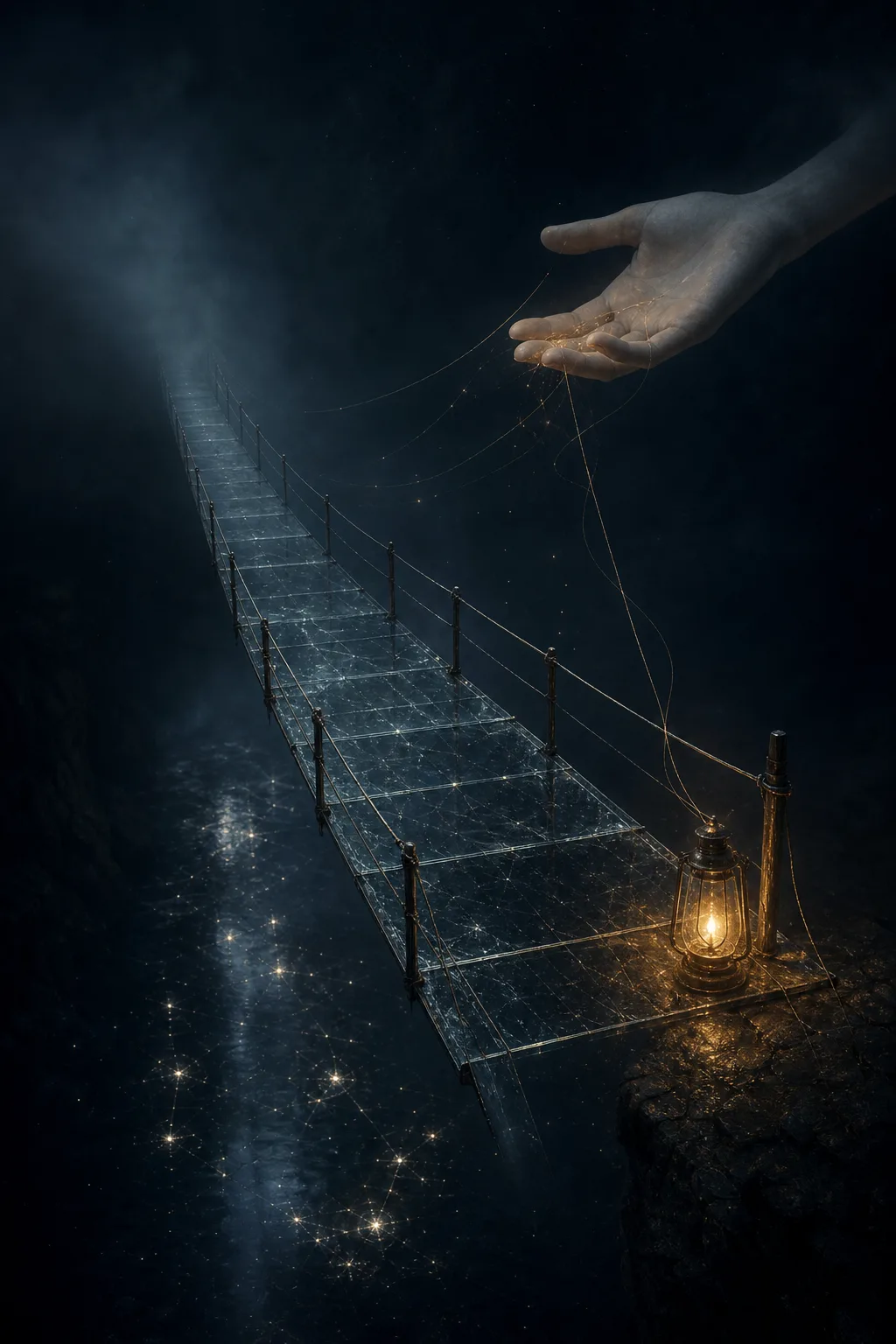 A portrait-oriented surreal cinematic image: a quiet suspended bridge made of translucent glass crossing a deep …