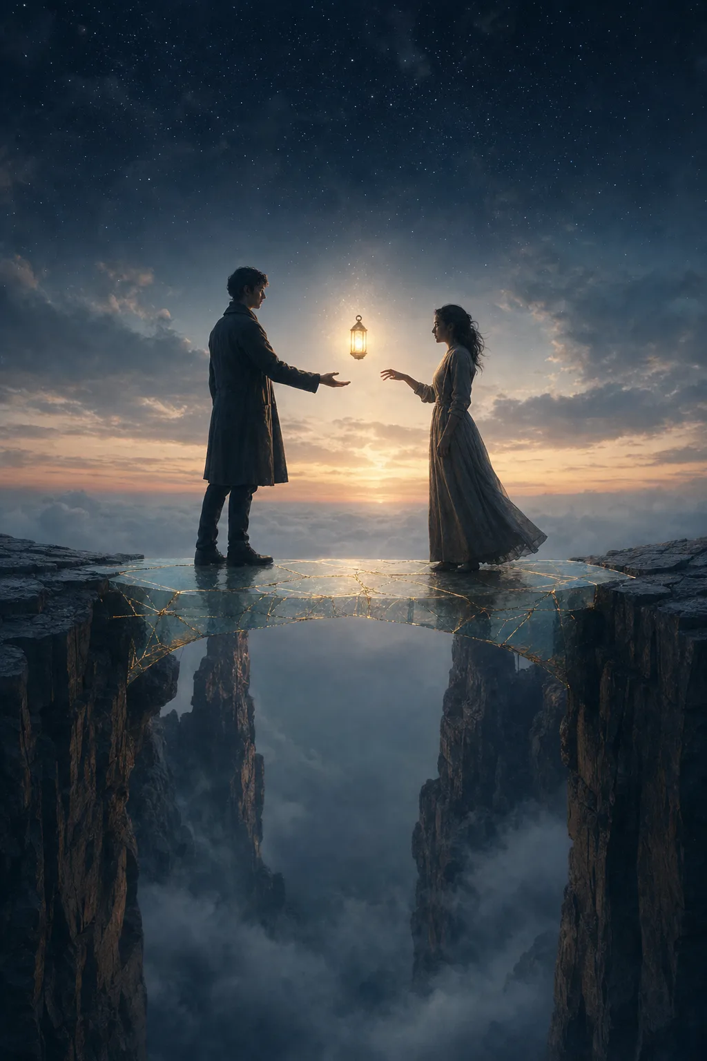 A portrait-oriented, cinematic surreal scene: two figures stand across a narrow bridge suspended over a vast …