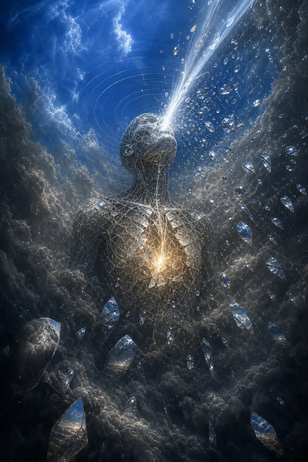 A portrait-oriented, surreal inner weather system at the instant certainty collapses: a vast luminous sky abruptly …