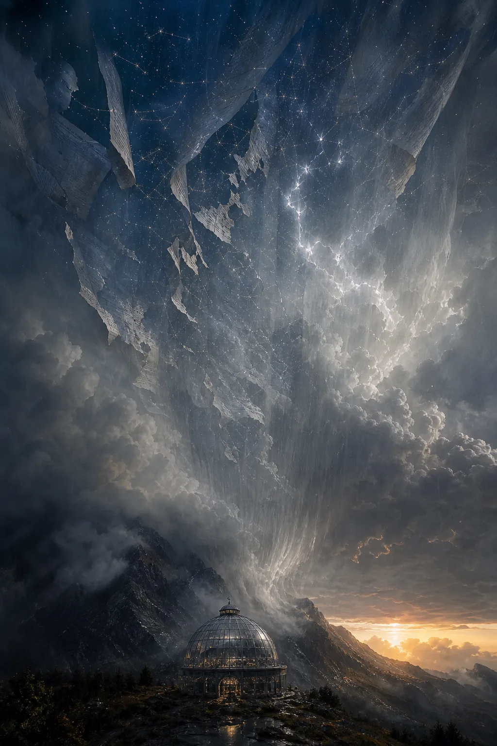 A portrait-oriented surreal atmospheric scene: a vast inner sky undergoing a sudden weather reversal, a brilliant …