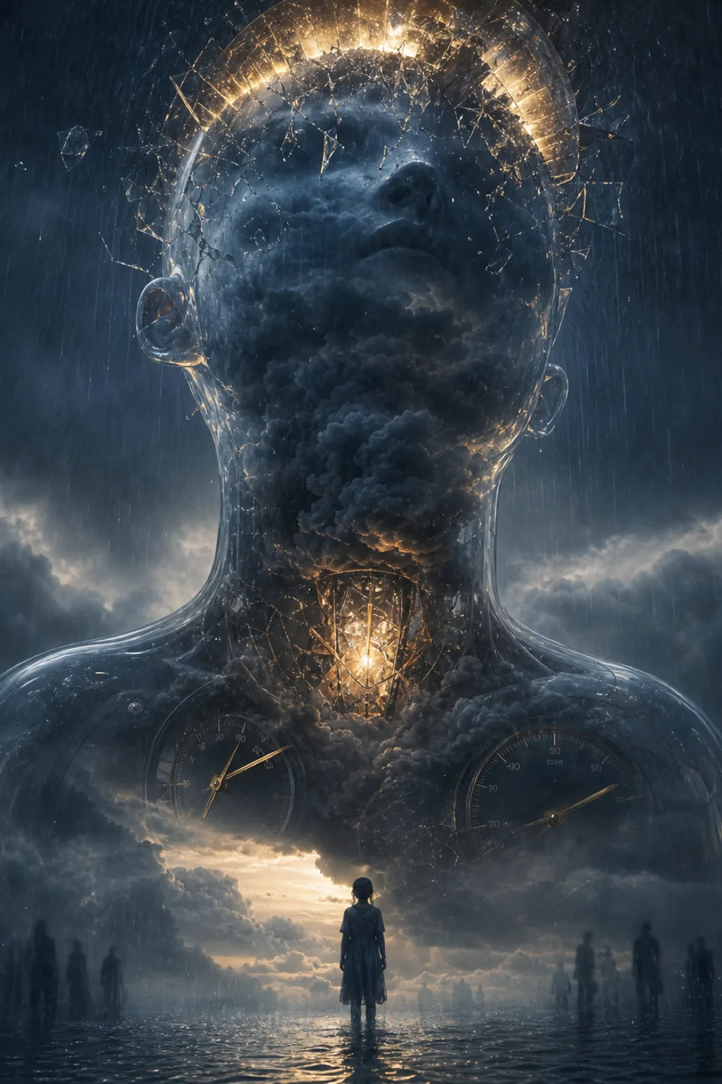 A portrait-oriented surreal atmospheric scene: a vast inner sky contained within a translucent human-shaped observatory, once …