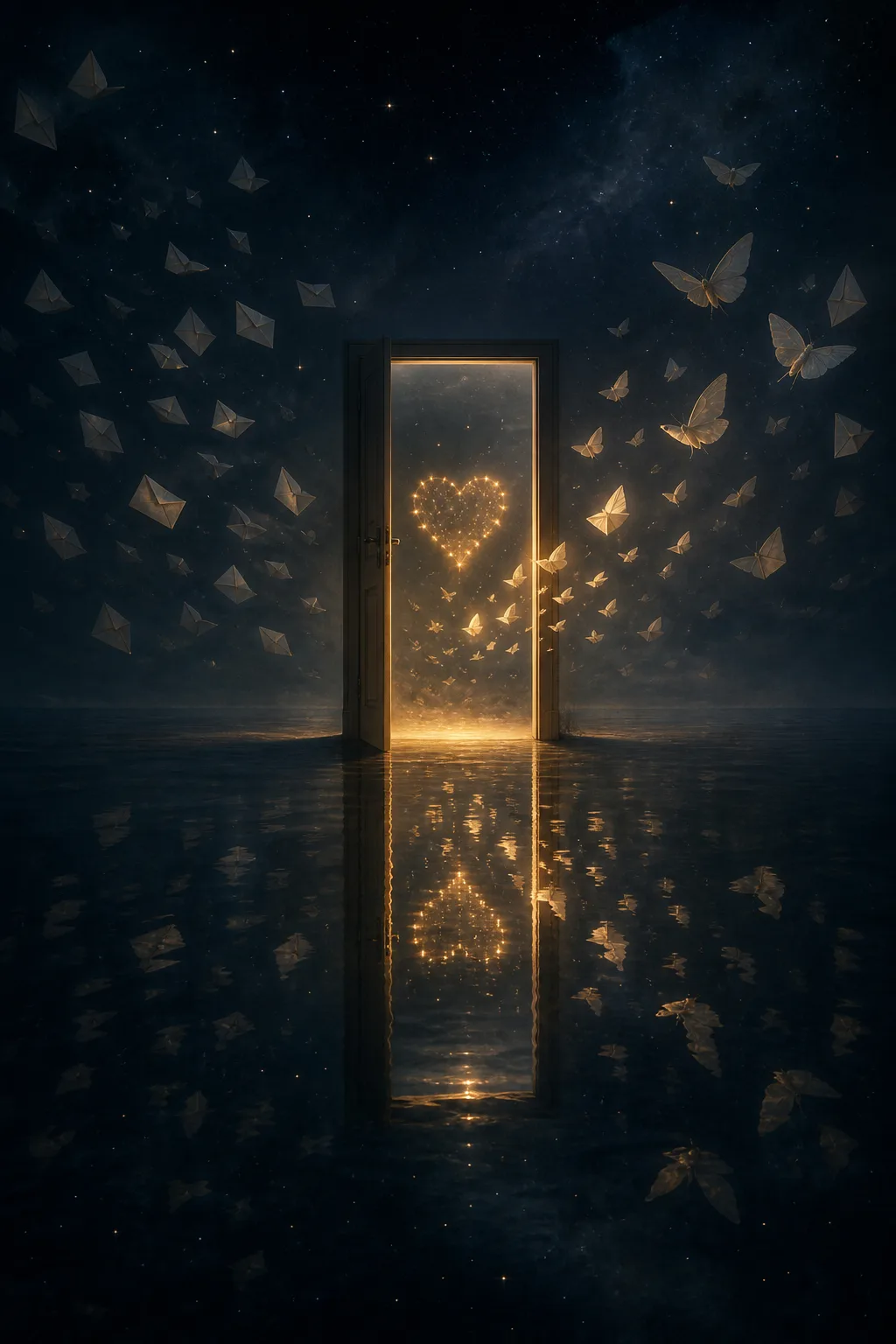 Portrait-oriented cinematic surrealism: a quiet midnight room suspended above a vast dark ocean, an open doorway …