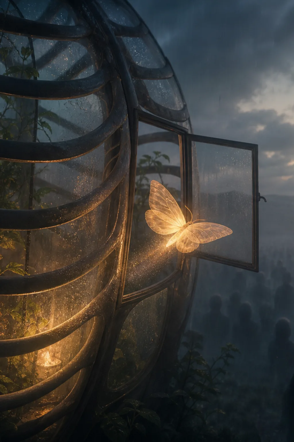 A small unsent letter made of warm light hovering inside a ribcage-shaped greenhouse, its glass walls …
