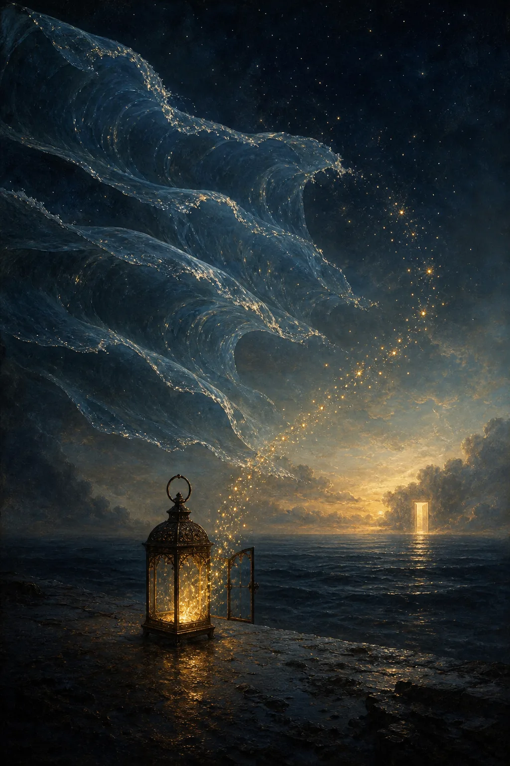 A portrait-oriented, museum-scale surrealist painting of a small luminous lantern resting on the edge of a …