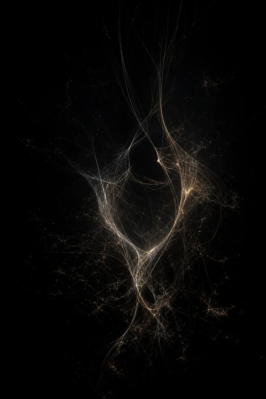 A vast vertical darkness containing a single impossible structure: countless hair-thin filaments of warm light emerging …