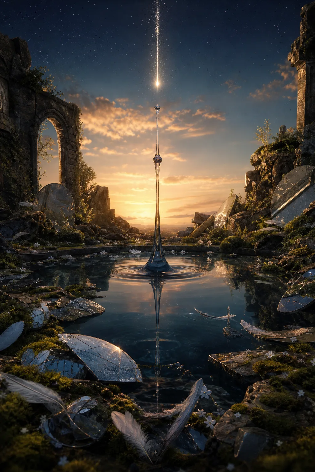 A dark basin of perfectly still water beneath a sky of impossible dawn, where a single …