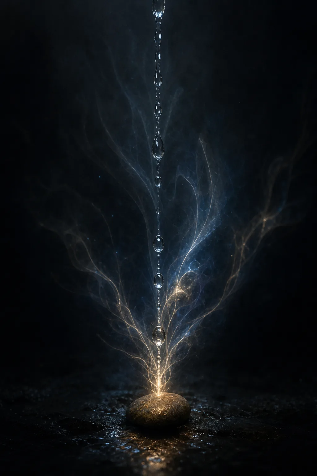 Portrait-oriented, high-quality fine-art cinematic image: an immense quiet darkness opening around a single column of clear …