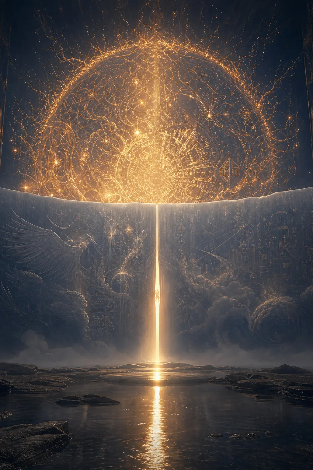 A portrait-oriented surreal abstract scene: an immense midnight-blue chamber containing a colossal sun made of intricate …