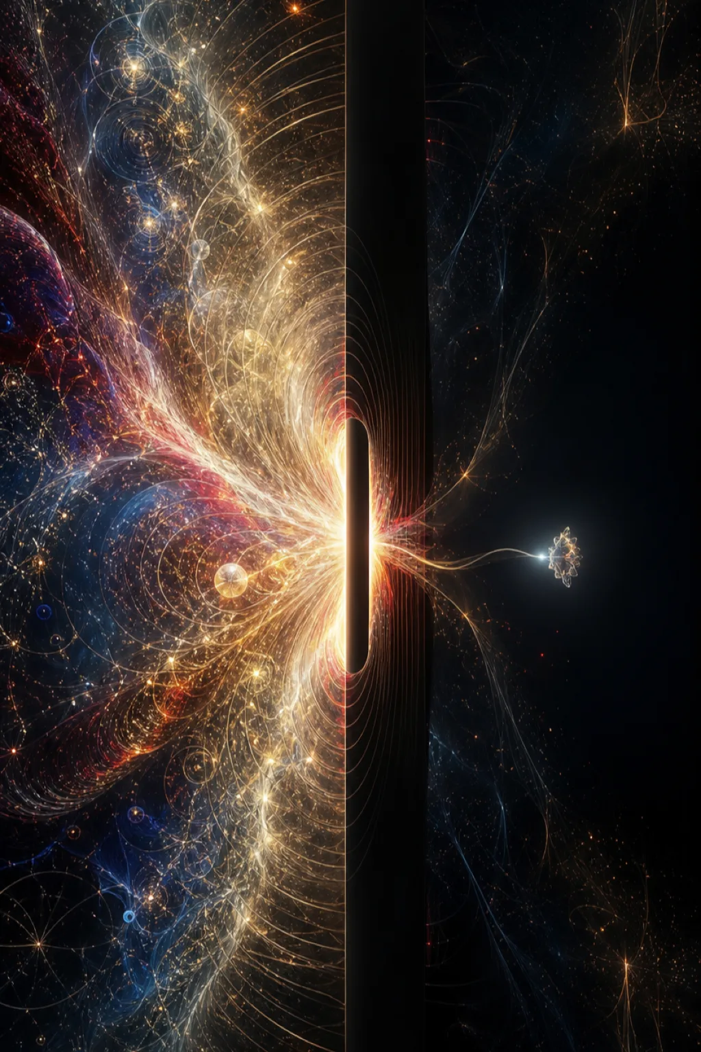 A monumental vertical abstract scene, portrait orientation: an immeasurable storm of luminous intelligence fills a vast …