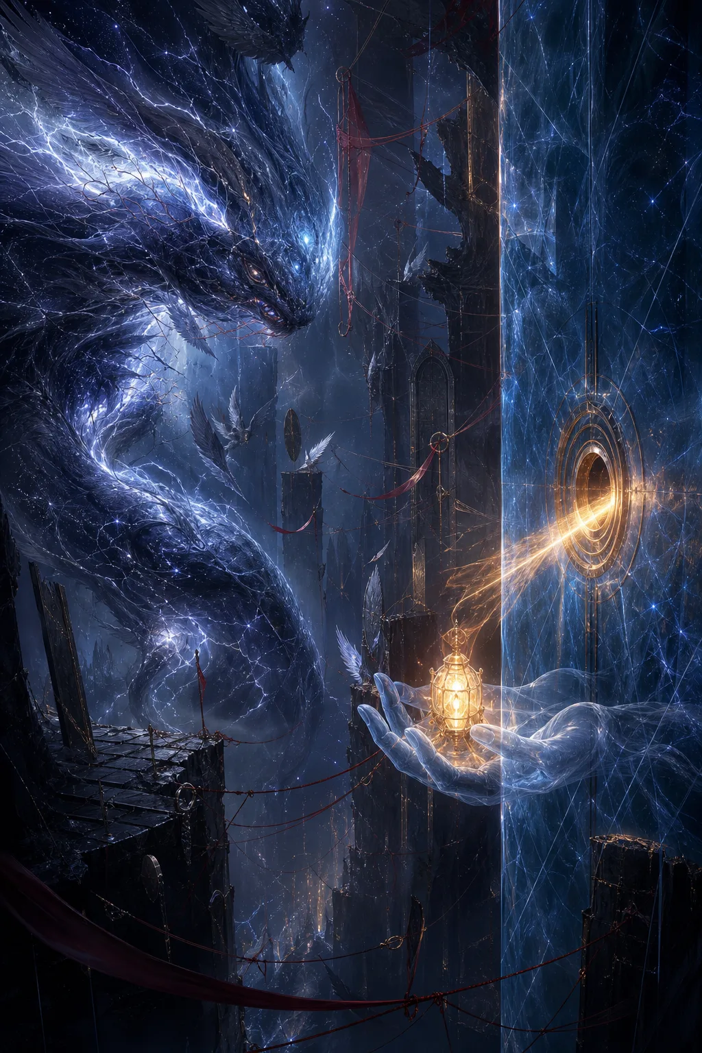 An immense luminous leviathan made of stormlight, galaxies, ink, and branching neural roots coils behind a …
