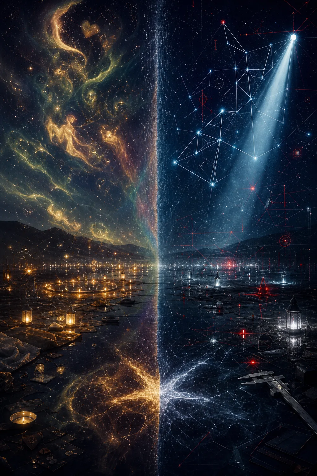 A divided night sky over a silent reflective plain: on the left, human hallucinations appear as …